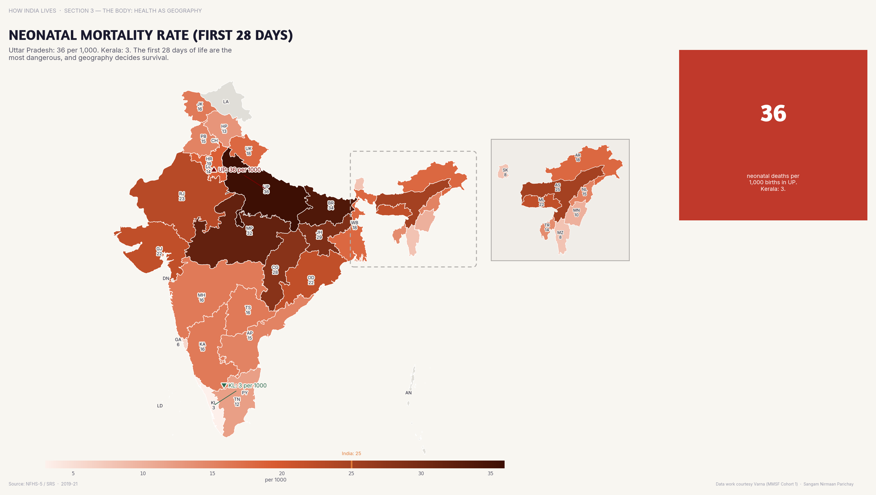 Choropleth map of India by state: Neonatal Mortality Rate First 28 Days. Neonatal mortality (first 28 days) accounts for 60%+ of infant deaths — most in the first 48 hours.