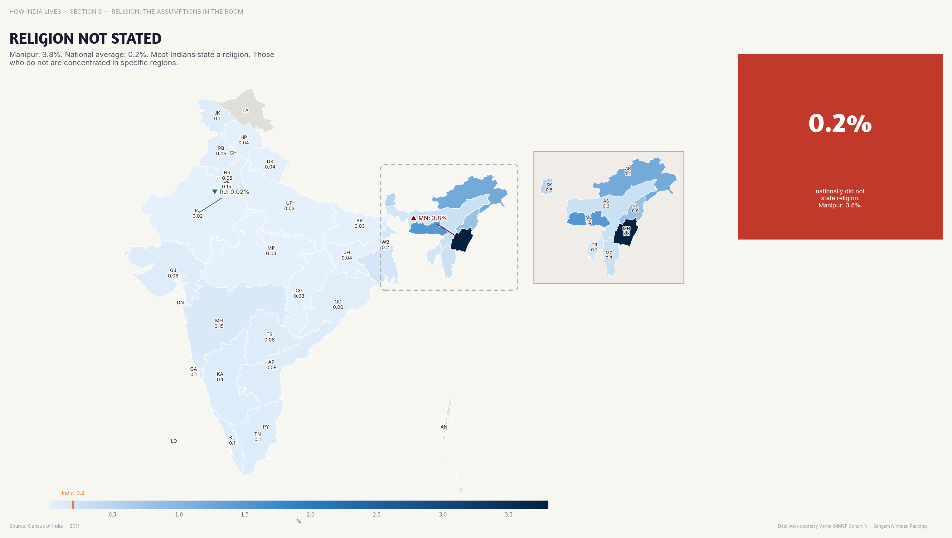 Choropleth map of India by state: Religion Not Stated. In Manipur and Meghalaya, 'religion not stated' is above average — reflecting contested identities.